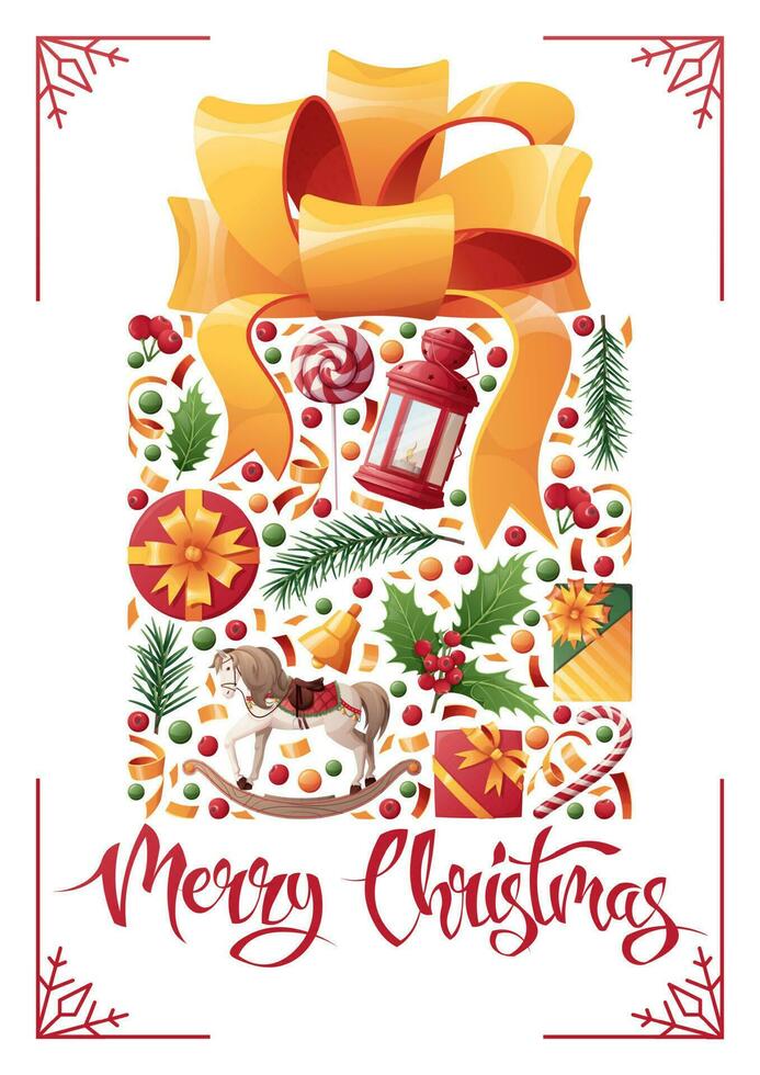 Weihnachten Neu Jahr Karte. Hintergrund mit ein Geschenk Box mit ein Bogen. festlich Design zum Gruß Karte, Banner, Poster, Einladung. Vektor Illustration