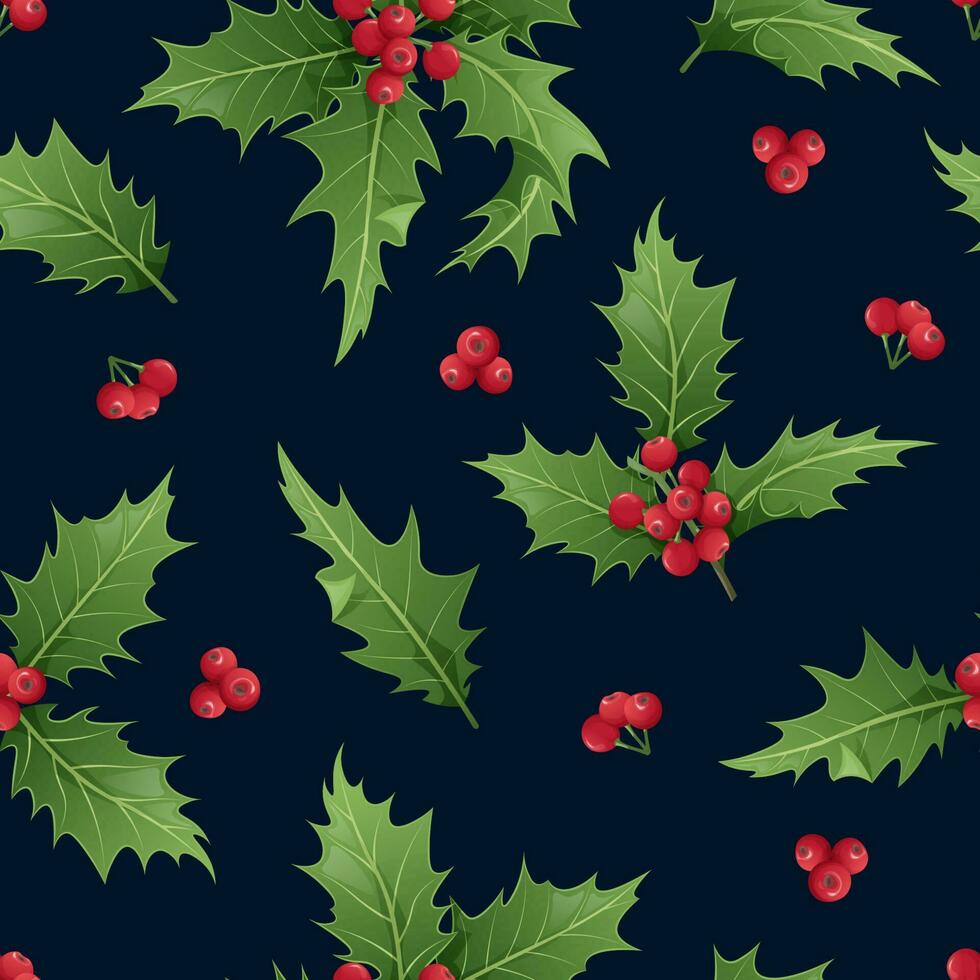 nahtlos Muster mit Stechpalme Blätter und Beeren auf ein dunkel Hintergrund. Weihnachten und Neu Jahr Textur. großartig zum Verpackung Papier, Textilien, Tapeten vektor