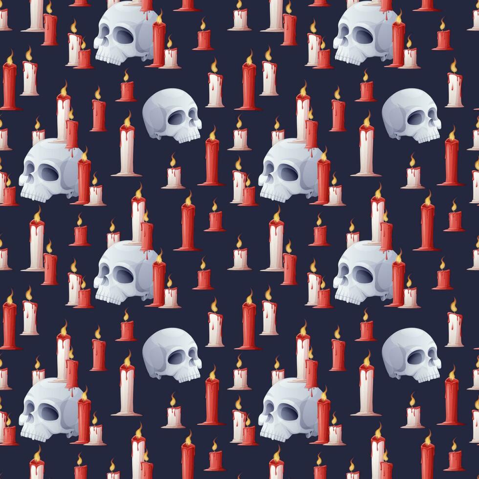 nahtlos Muster zum Halloween mit ein Schädel und Kerzen auf ein dunkel Hintergrund. geeignet zum Verpackung Papier, Tapeten, Textilien. vektor