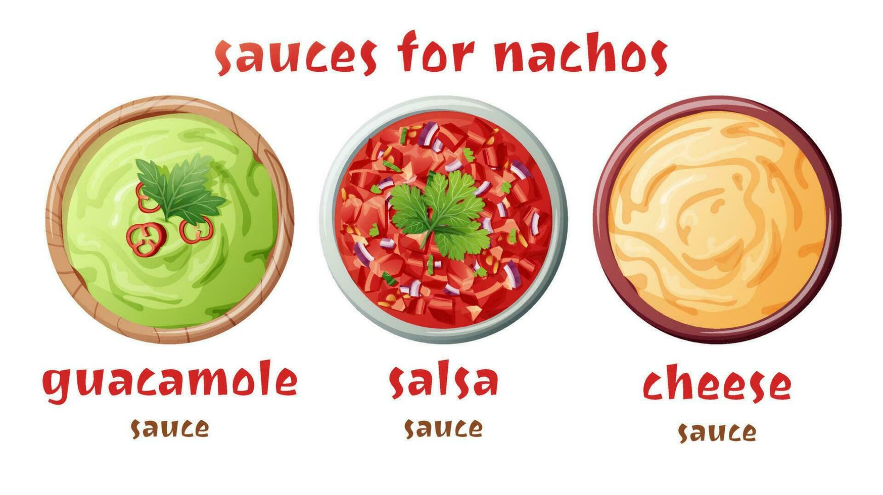 einstellen von Saucen zum Nachos auf ein isoliert Hintergrund. Guacamole, Salsa, Käse Soße. traditionell Mexikaner Lebensmittel. Vektor Illustration