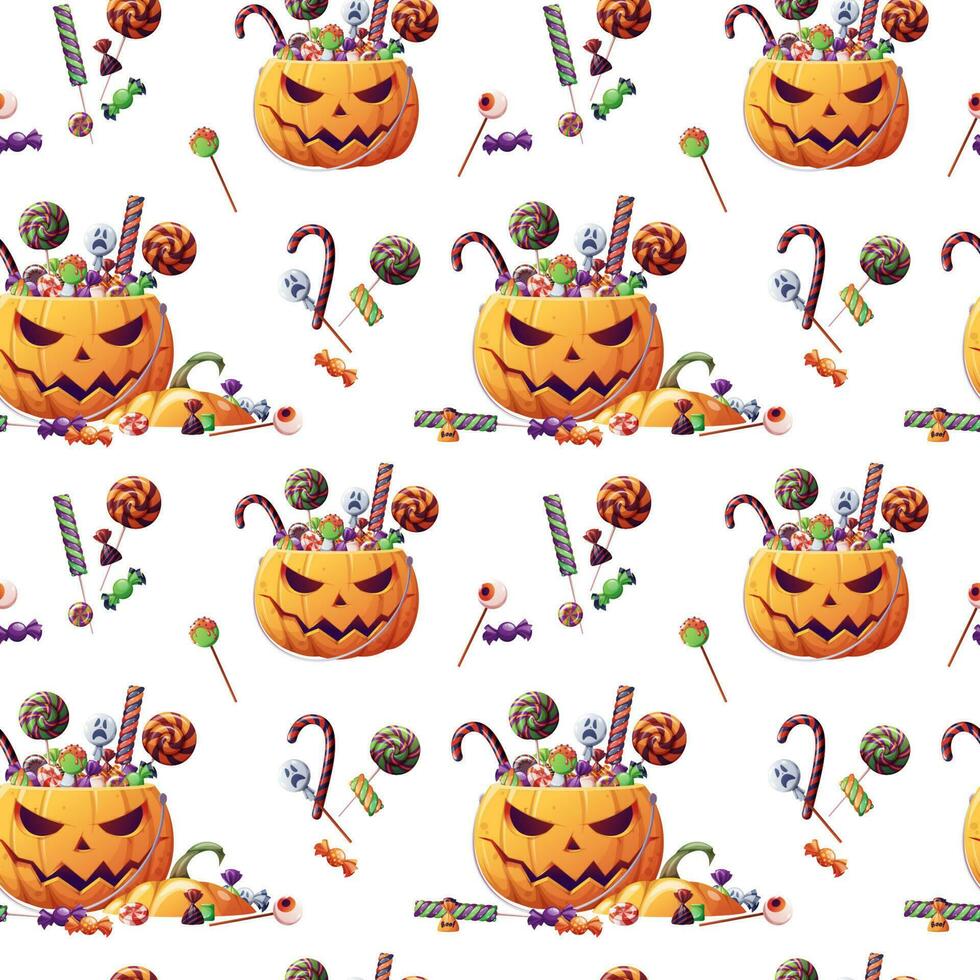 sömlös mönster med halloween sötsaker och pumpa på en vit bakgrund. lura eller behandla. sömlös textur för omslag, textil, tapet, etc. vektor