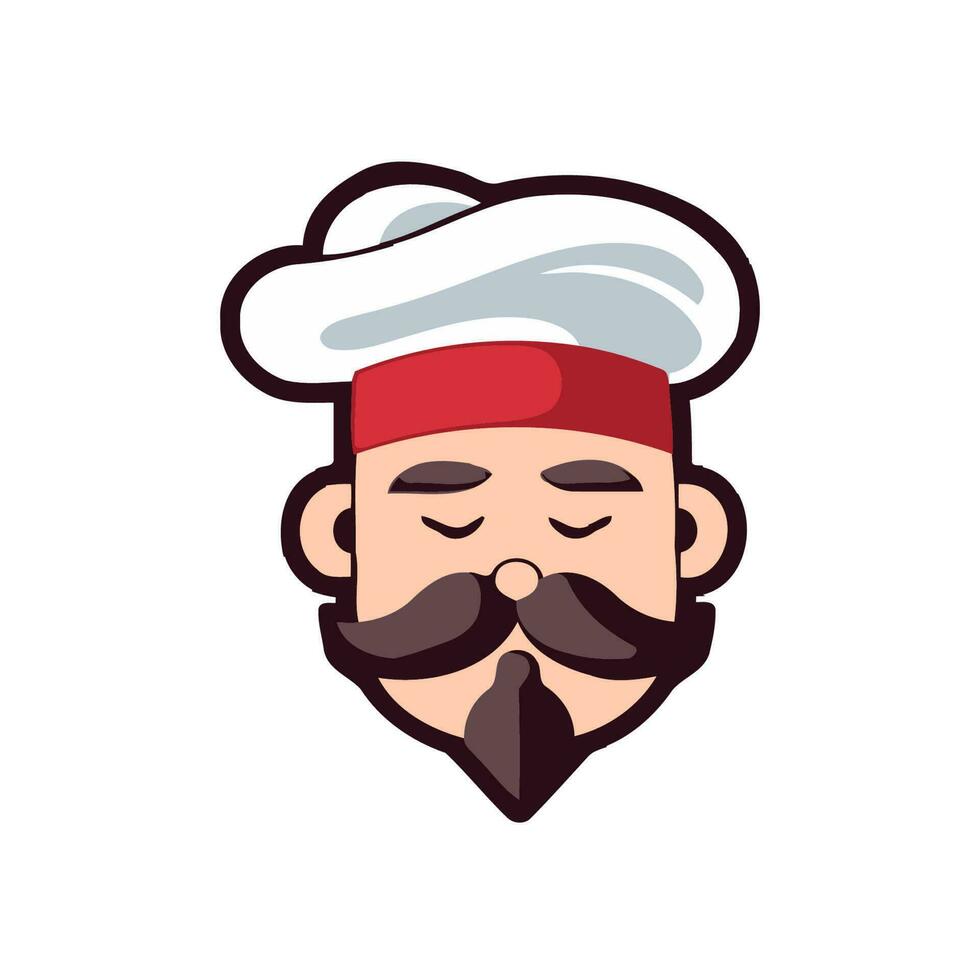 Koch Gesicht mit Schnurrbart und Hut. Vektor Illustration auf Weiß Hintergrund.