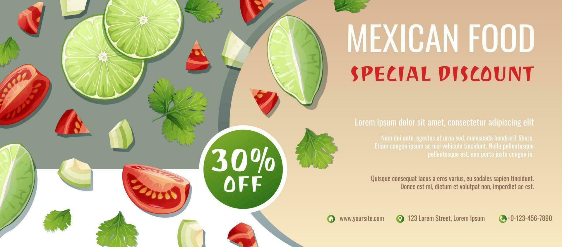 Rabatt Gutschein, Mexikaner Essen Vorlage Design. Coupon mit Limette Suppe und Tomaten. Banner, Poster, Flyer, Werbung zum ein Restaurant vektor