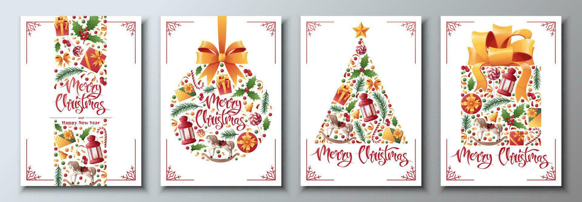 einstellen von Weihnachten und Neu Jahr Karten mit festlich Dekor. Weihnachten Ball, Baum, Geschenk. großartig zum Einladungen, Karten, Poster, Banner. vektor