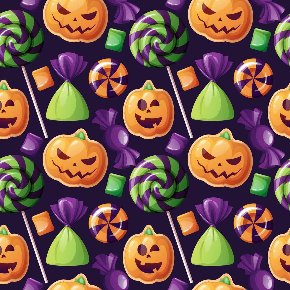 sömlös mönster med halloween sötsaker på en mörk bakgrund. småkakor i de form av pumpa, godis, klubba, marshmallow. lura eller behandla. festlig textur bra för omslag papper, tapet, tyg, vektor