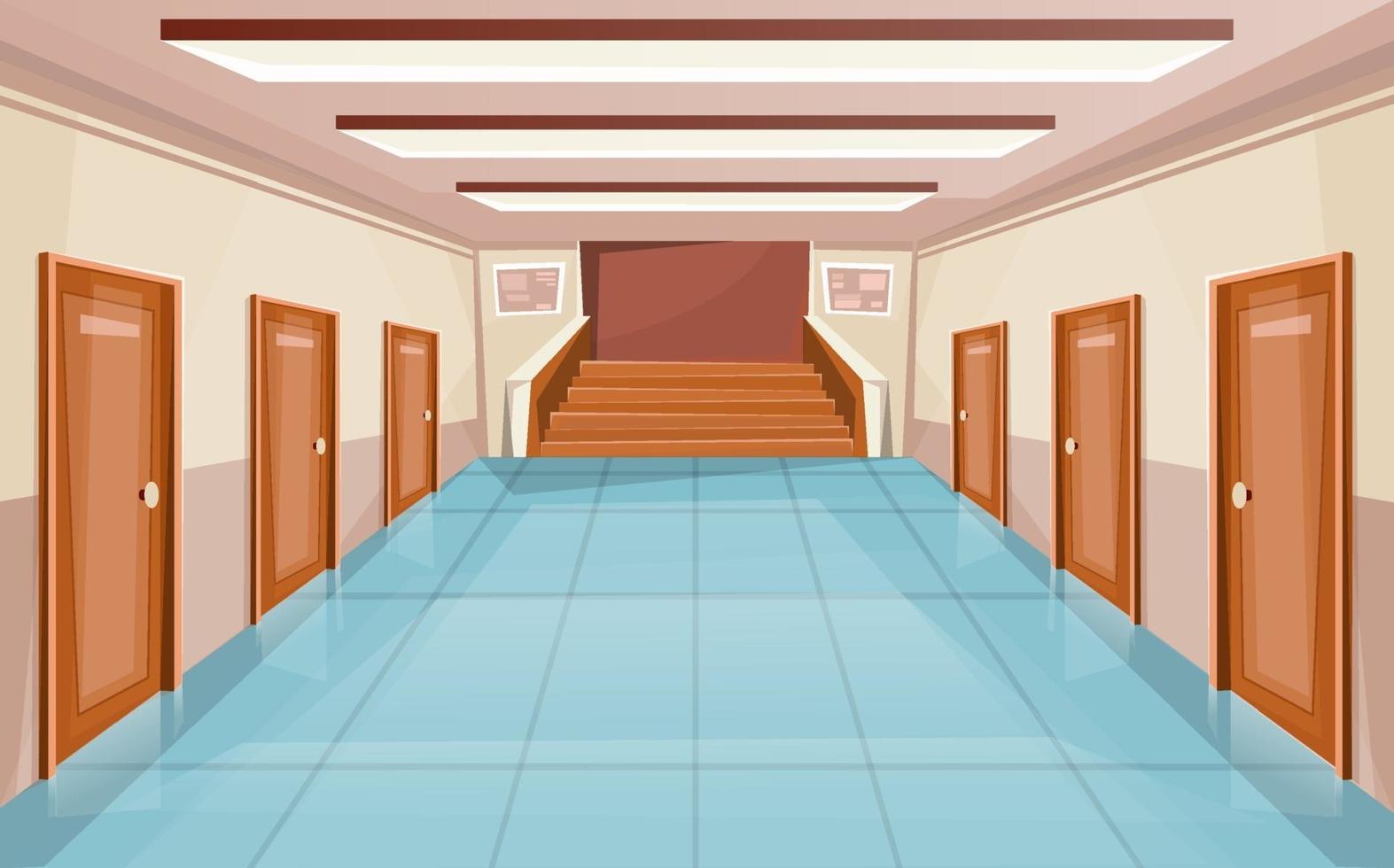 skolkorridor eller universitetsinredning med dörrar och trappa vektor