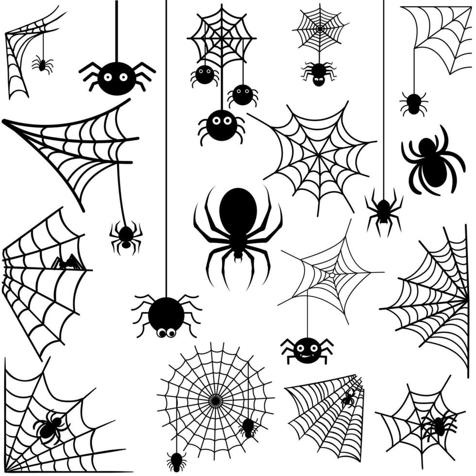 Spinne Symbol Vektor Satz. Halloween Illustration Zeichen Sammlung. Netz Symbol Spinnennetz Logo.