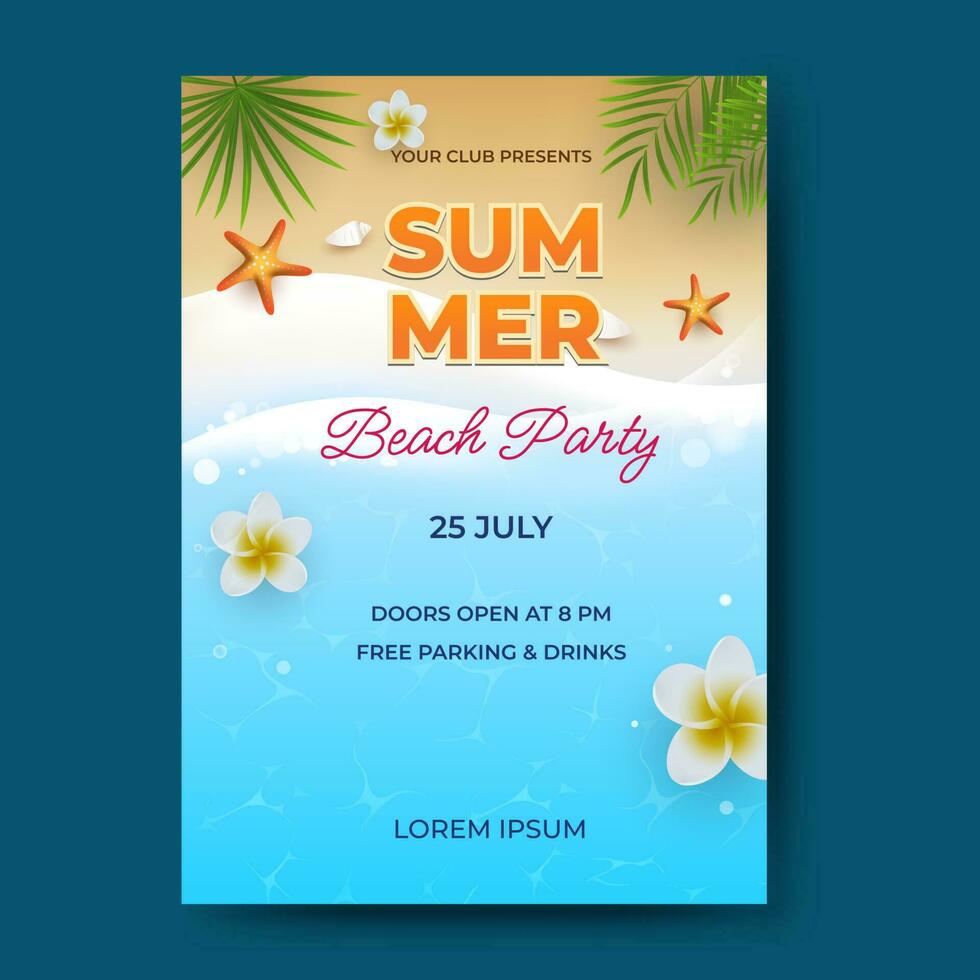 Sommer- Strand Party. schön Strand Design mit tropisch Blumen und Blätter vektor