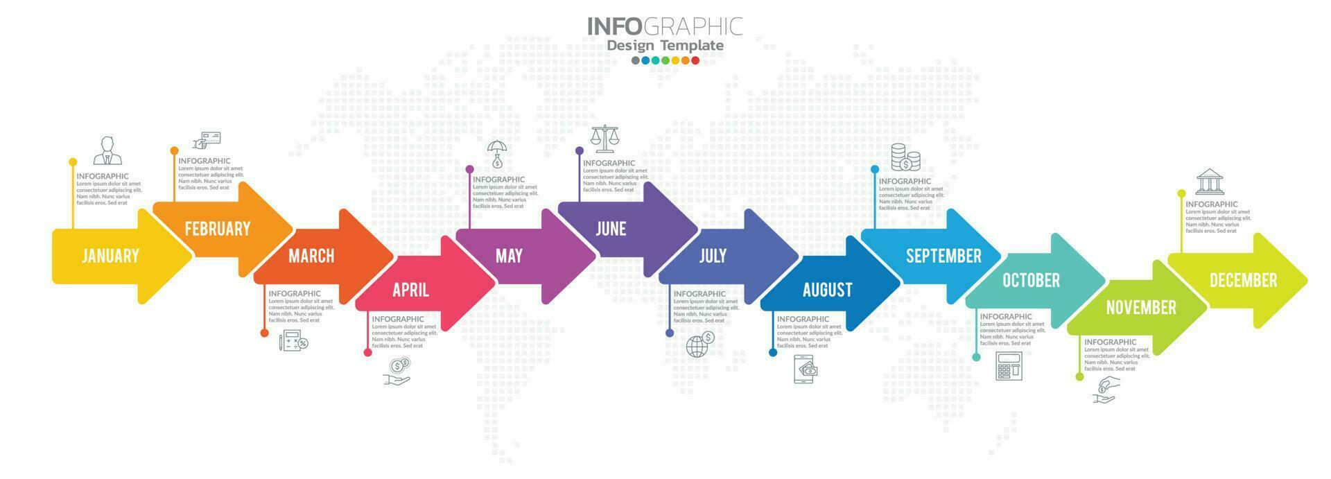Timeline-Infografik-Präsentation für 1 Jahr 12 Monate für Geschäftskonzept mit 12 Optionen, Schritten und Prozessen. vektor