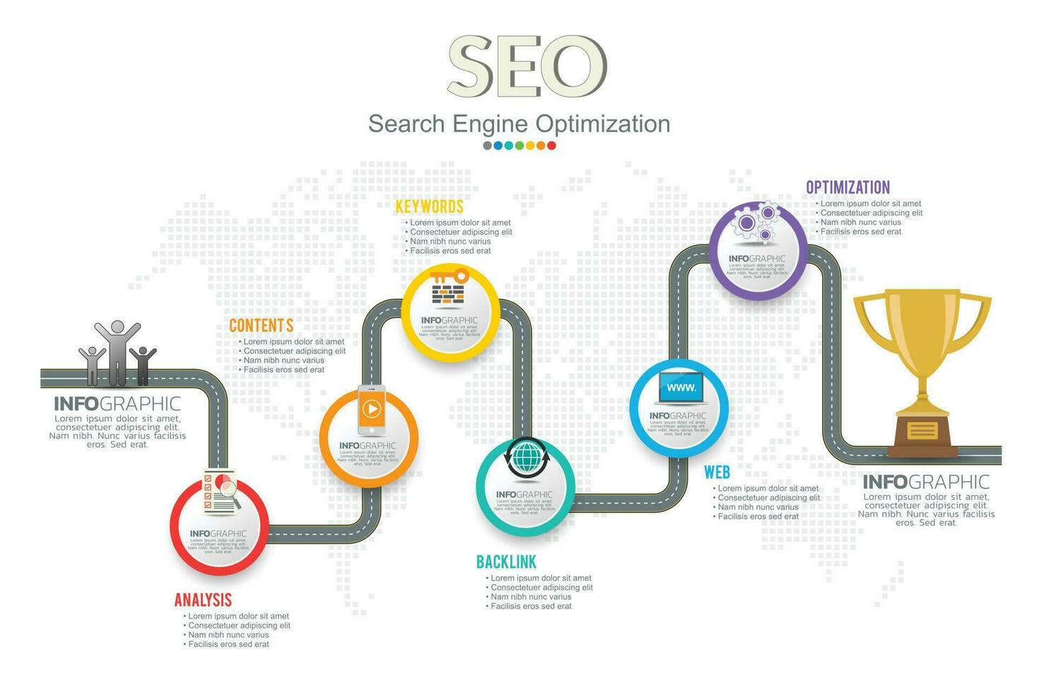 infographics mall seo optimering. seo digital marknadsföring begrepp med Diagram och ikoner. vektor