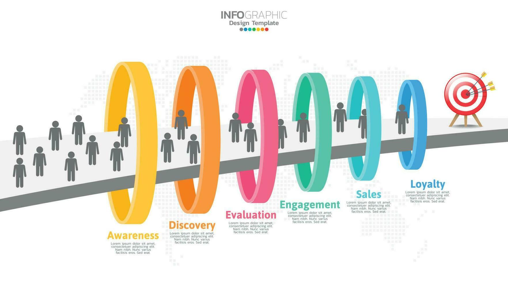 försäljning tratt infographic mall med 6 steg för marknadsföring och börja företag. vektor