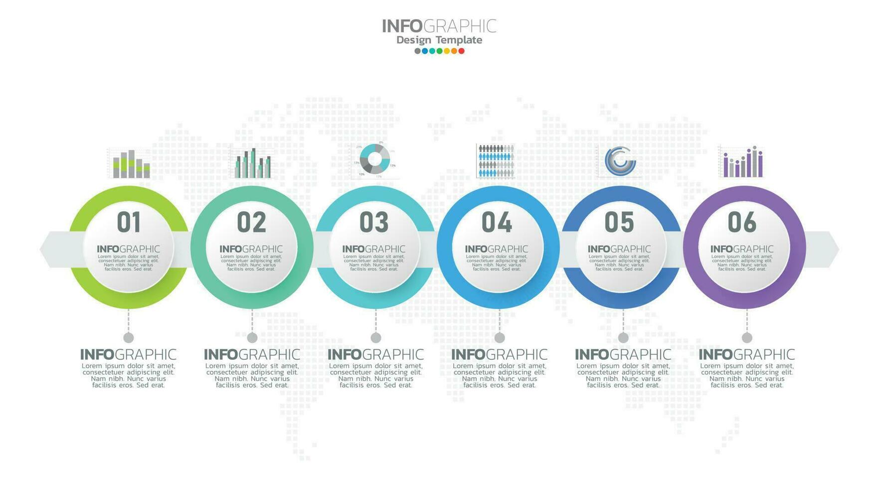 Timeline-Infografik-Vektor mit 6 Schritten kann für das Webdesign des Workflow-Layout-Diagramms des Jahresberichts verwendet werden. vektor