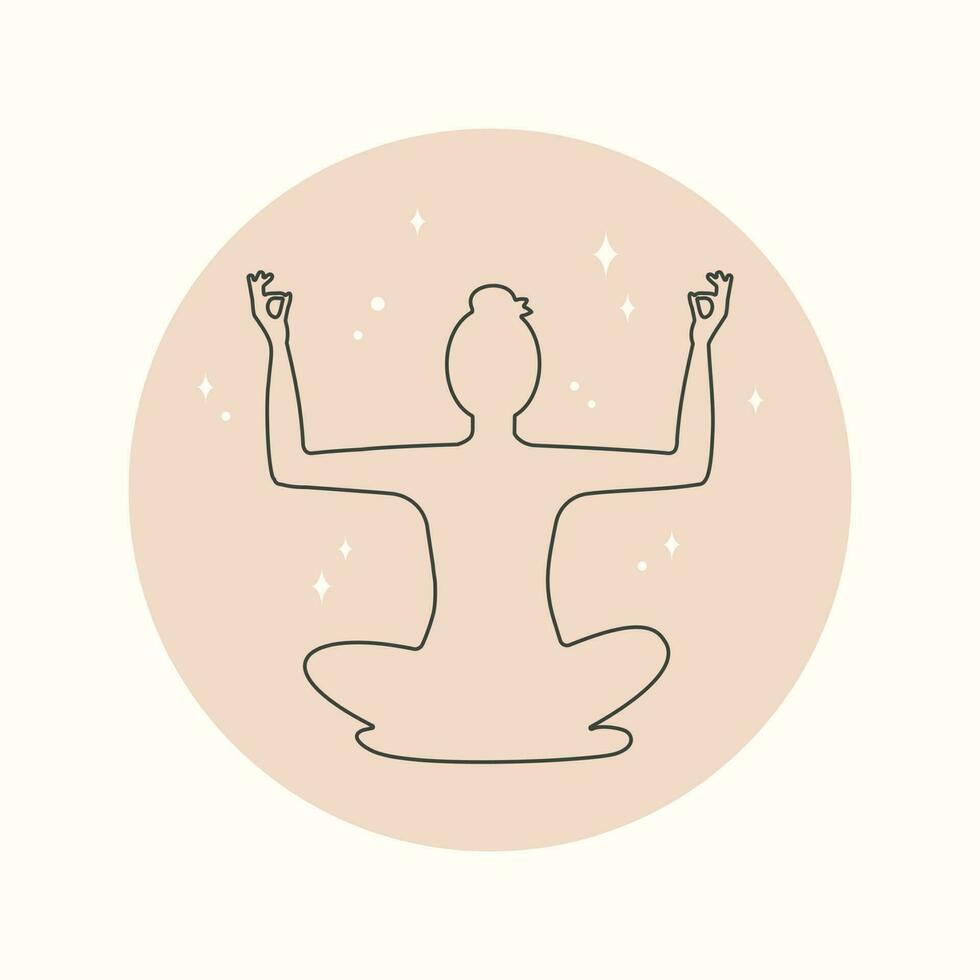 Mädchen Silhouette im Lotus Position. Symbol, Logo, Emblem, Symbol zum Netz Design, Sozial Medien Geschichten. modisch minimal lineart Stil. Frau trainieren Meditation. Sport Aktivitäten. Vektor im Boho Stil