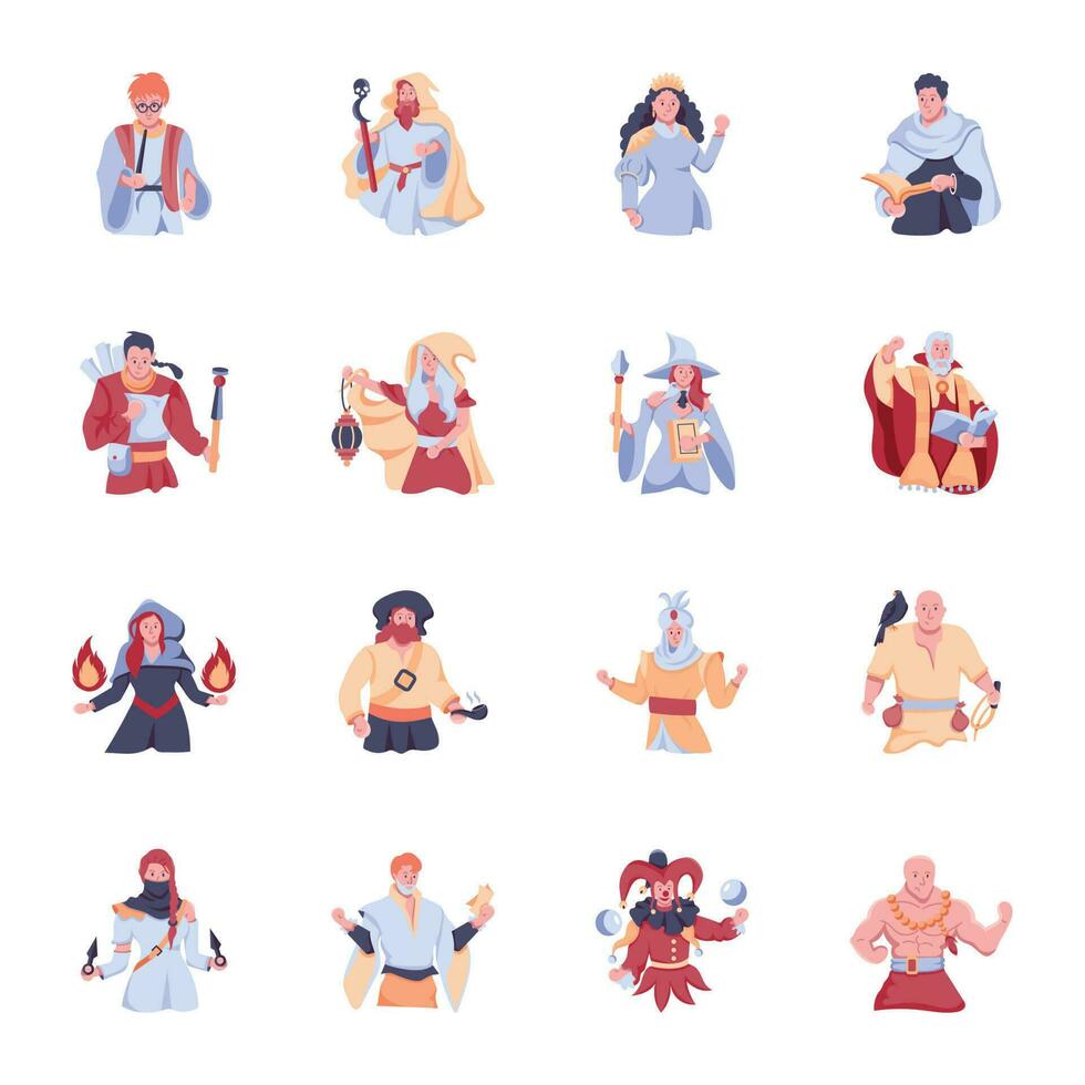 packa av 16 platt fantasi karaktär ikoner vektor