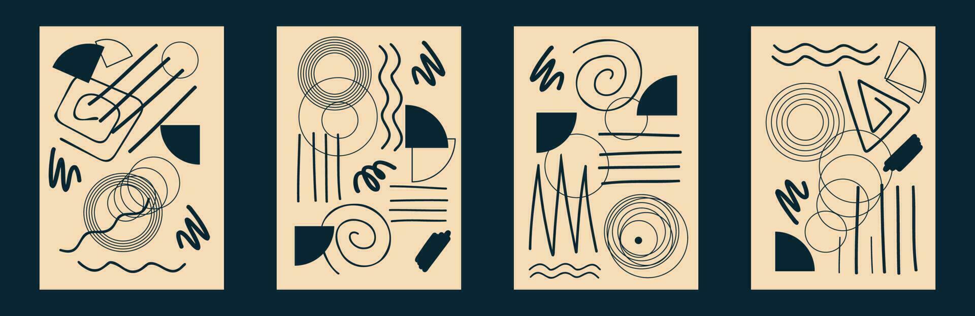 abstrakt Memphis kritzelt Plakate Satz. minimal geometrisch Elemente Broschüren. zeitgenössisch Mauer Kunst Innere Design, Sozial Medien Geschichten Vorlage mit kreativ Spaß Kringel. Vektor Illustration