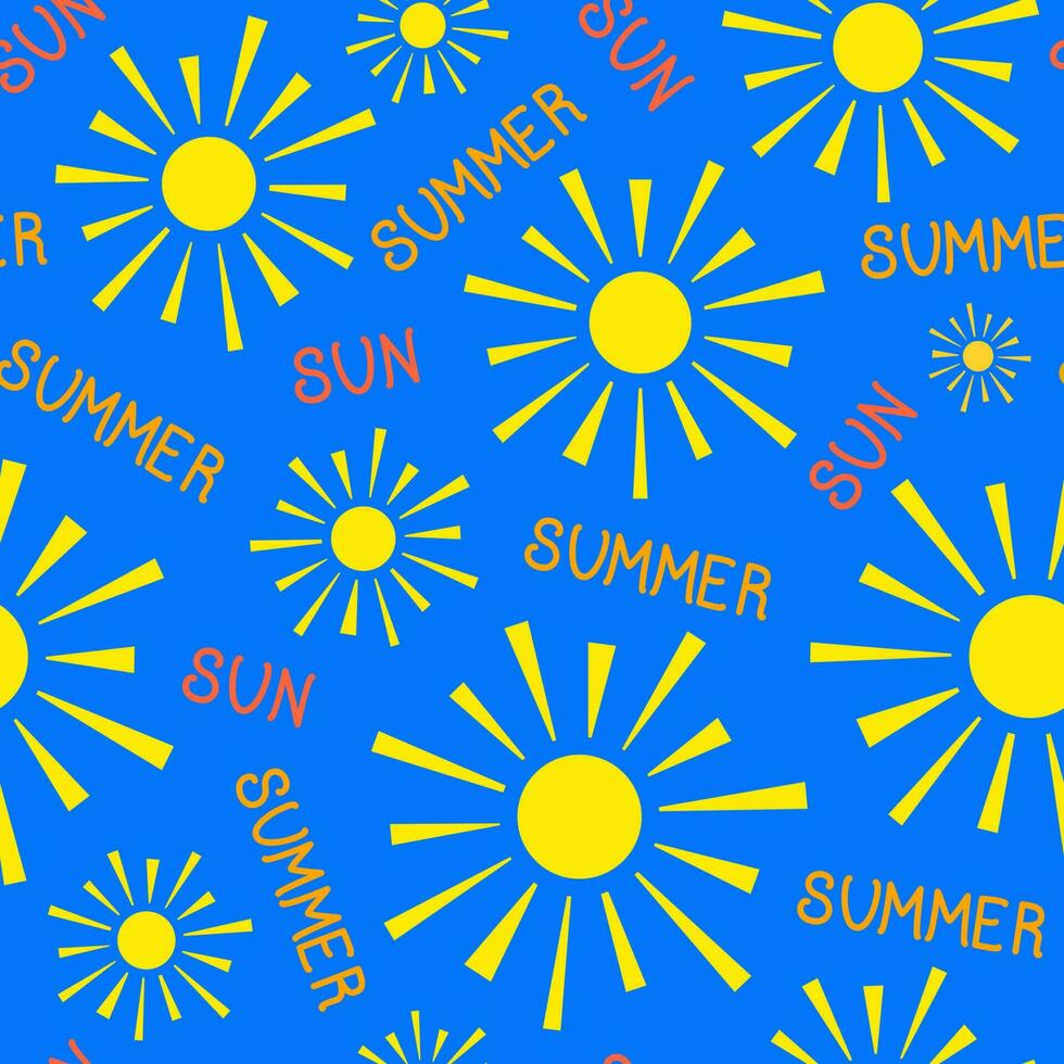 Vektor nahtlos Muster. Sommer- Muster mit Sonne auf ein Blau Hintergrund mit Beschriftung.