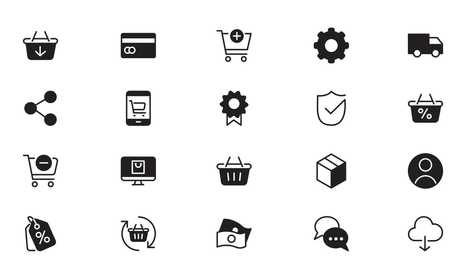 online Einkaufen Anwendung Schnittstelle verbunden Symbol Satz. Glyphe, solide Symbol Webseite Zeichen vektor