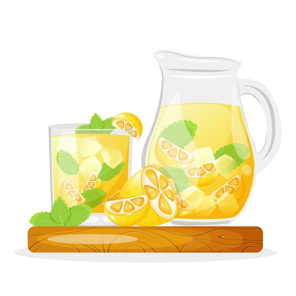 citronsaft i en glas kopp och kanna stående på skärande styrelse dekorerad med mynta och citron. vektor