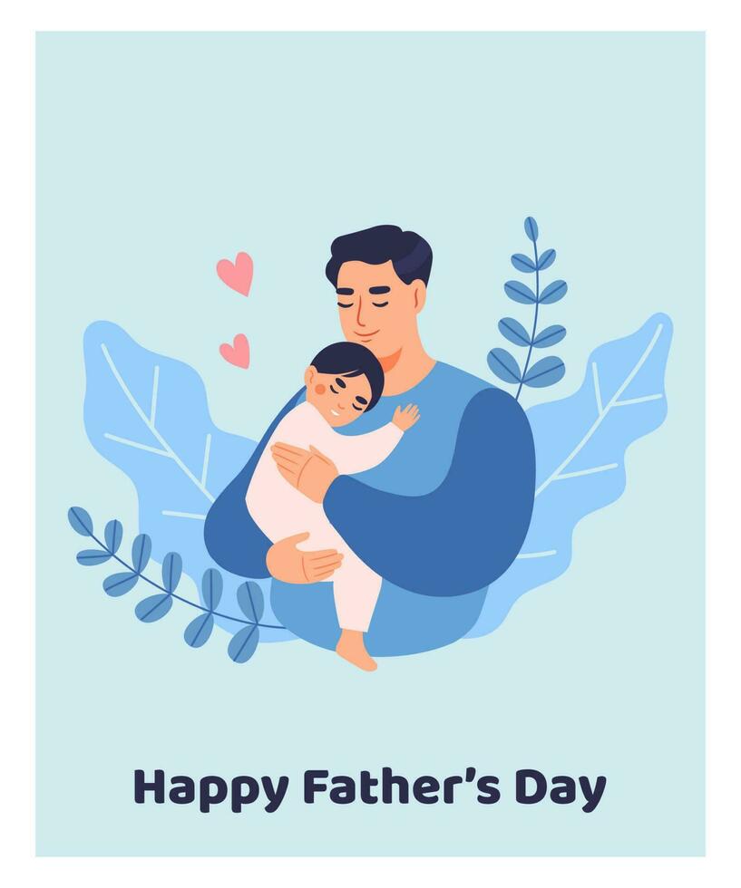 Lycklig far s dag kort. Lycklig pappa innehav hans barn. platt vektor illustration.