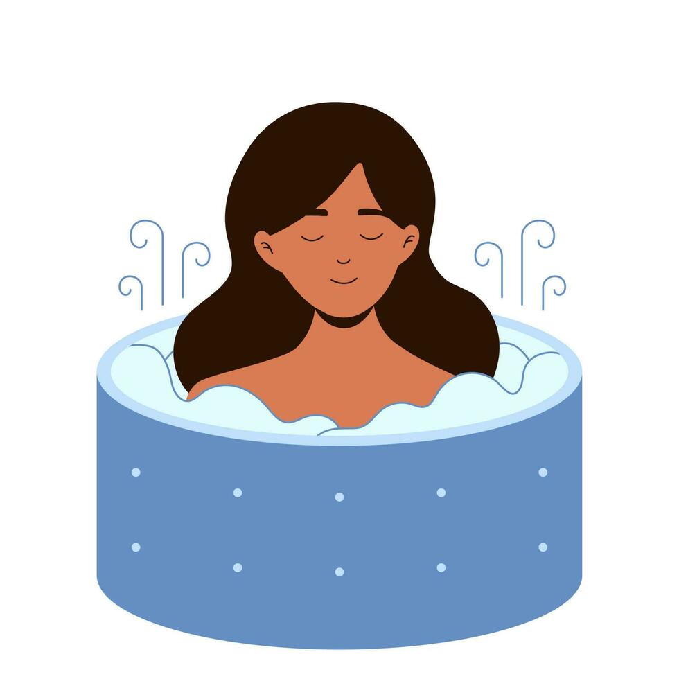 ung kvinna flicka karaktär är Lycklig avkopplande i varm bastu bad. vektor