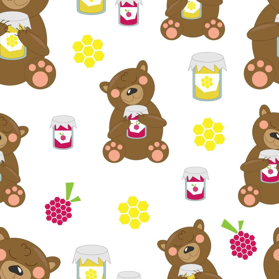 vektor illustration sömlös mönster brun tecknad serie teddy Björn med behandlar burkar av honung och hallon sylt på vit bakgrund