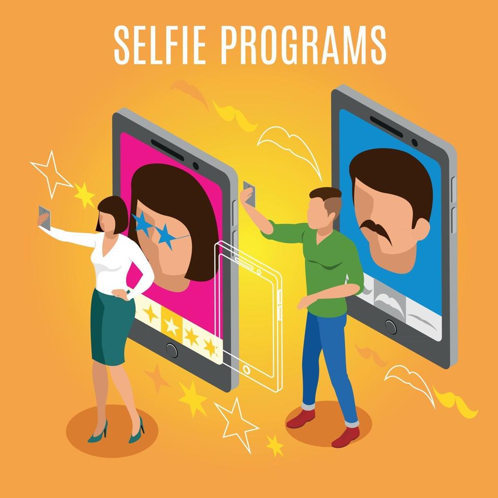 Selfie-Programme isometrische Hintergrundvektorillustration vektor