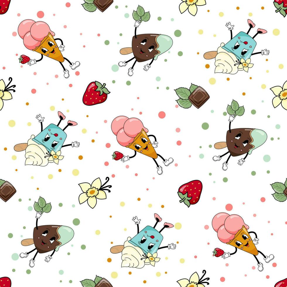 Spaß Eis Creme, 70er Jahre Stil Figuren. nahtlos Muster. Erdbeere im ein Kegel, Vanille im ein Tasse, Schokolade auf ein Stock vektor