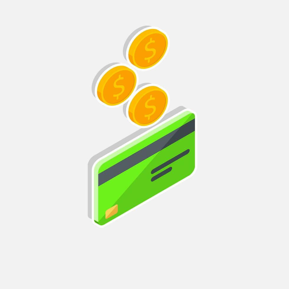 Kasse erhalten ein Bank Karte Grün richtig Aussicht - - Weiß Schlaganfall mit Schatten Symbol Vektor isometrisch. Cashback Bedienung und online Geld Erstattung. Konzept von Transfer Geld, E-Commerce, Speichern Konto.