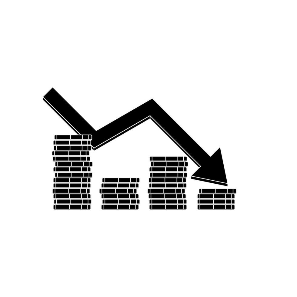 Gold Münzen Preis Nieder rot Graph Weiß Gliederung Symbol Vektor isoliert. Preis Dollar runter. eben Stil Vektor Illustration.