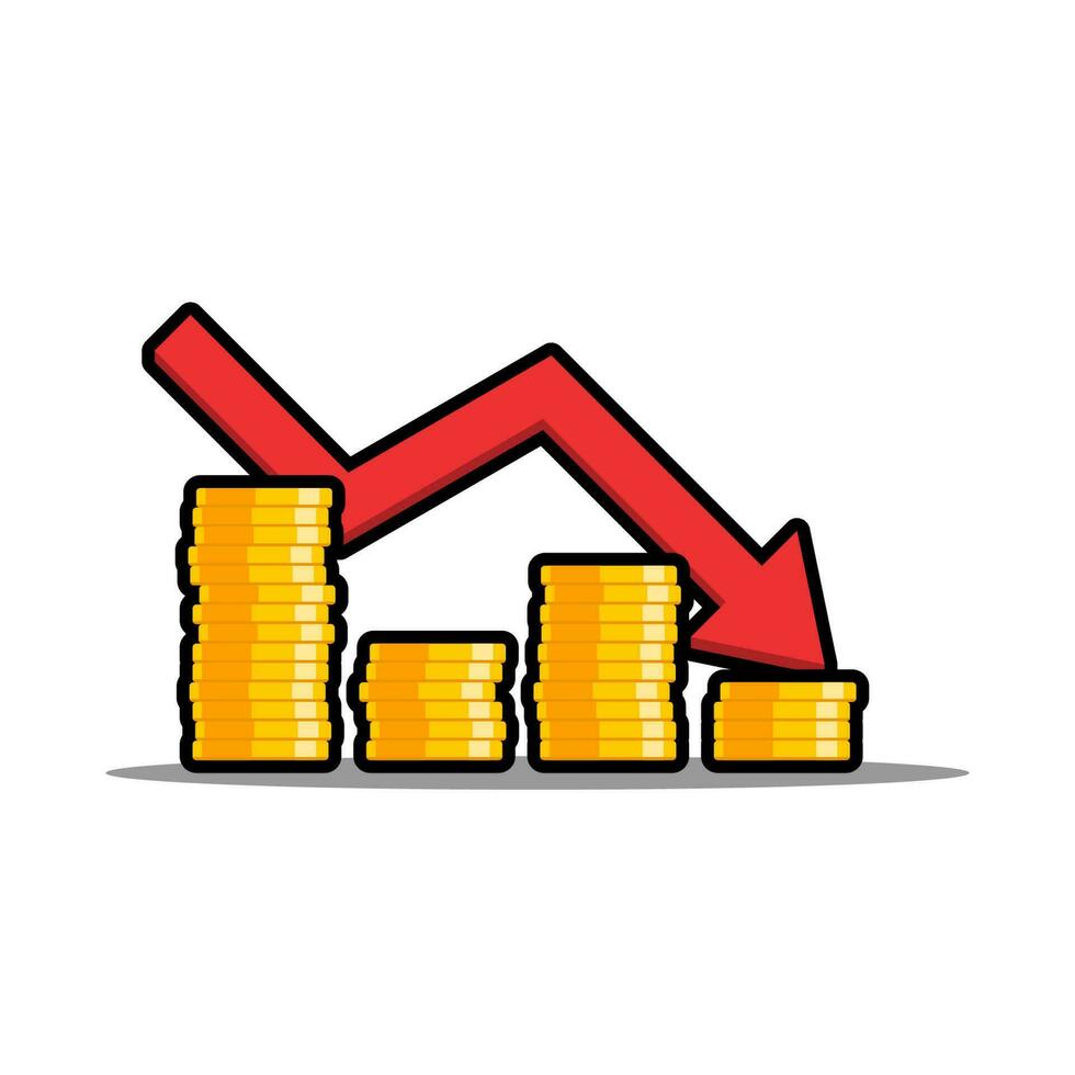 Gold Münzen Preis Nieder rot Graph schwarz Schlaganfall und Schatten Symbol Vektor isoliert. Preis Dollar runter. eben Stil Vektor Illustration.