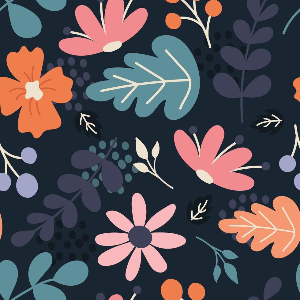 Blumen, Pflanzen, Beeren. nahtloses Muster des Vektors im flachen Stil auf dunkelblauem Hintergrund vektor