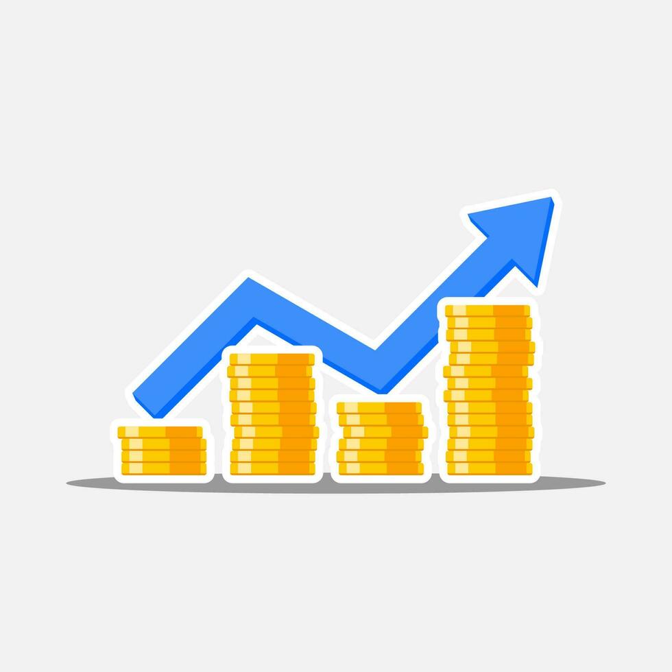 Gold Münzen Preis oben Blau Graph Weiß Schlaganfall und Schatten Symbol Vektor isoliert. Preis Dollar hoch. eben Stil Vektor Illustration.