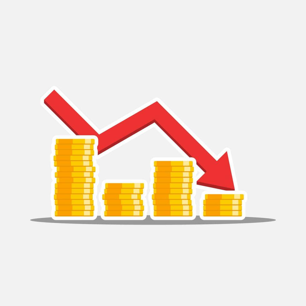 Gold Münzen Preis Nieder rot Graph Weiß Schlaganfall und Schatten Symbol Vektor isoliert. Preis Dollar runter. eben Stil Vektor Illustration.