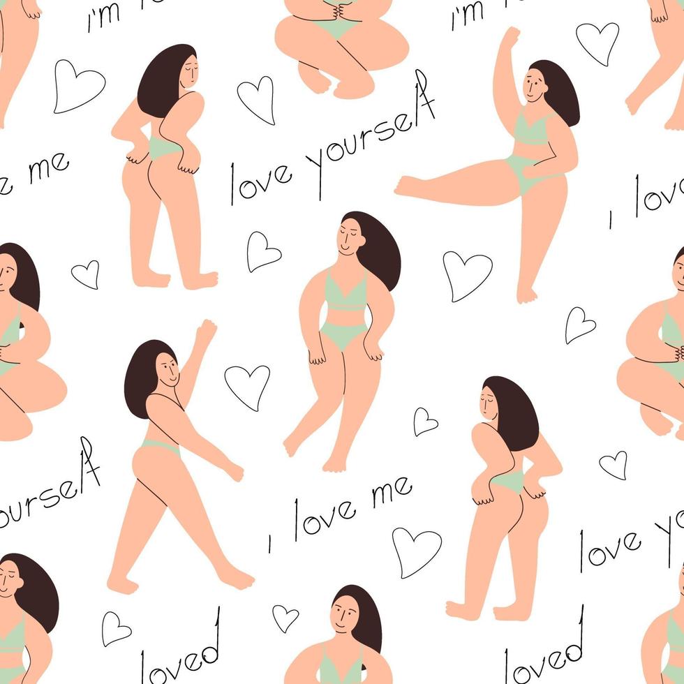 bodypositive Mädchen nahtloses Muster. Ein kurviges Model zeigt ihren Körper. Vektorillustration vektor