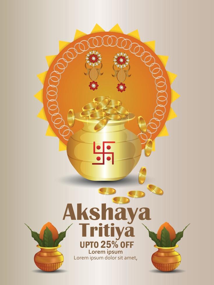 akshaya tritiya inbjudningsförsäljningsblad med guldmyntkruka och kalash vektor