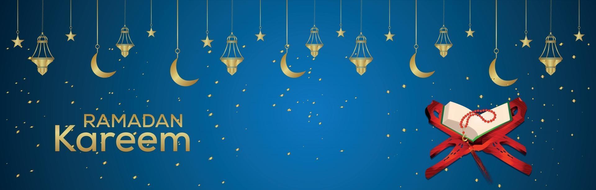 Ramadan Kareem islamisches Festival Banner oder Header mit goldener Laterne und heiligem Buch Quraan vektor