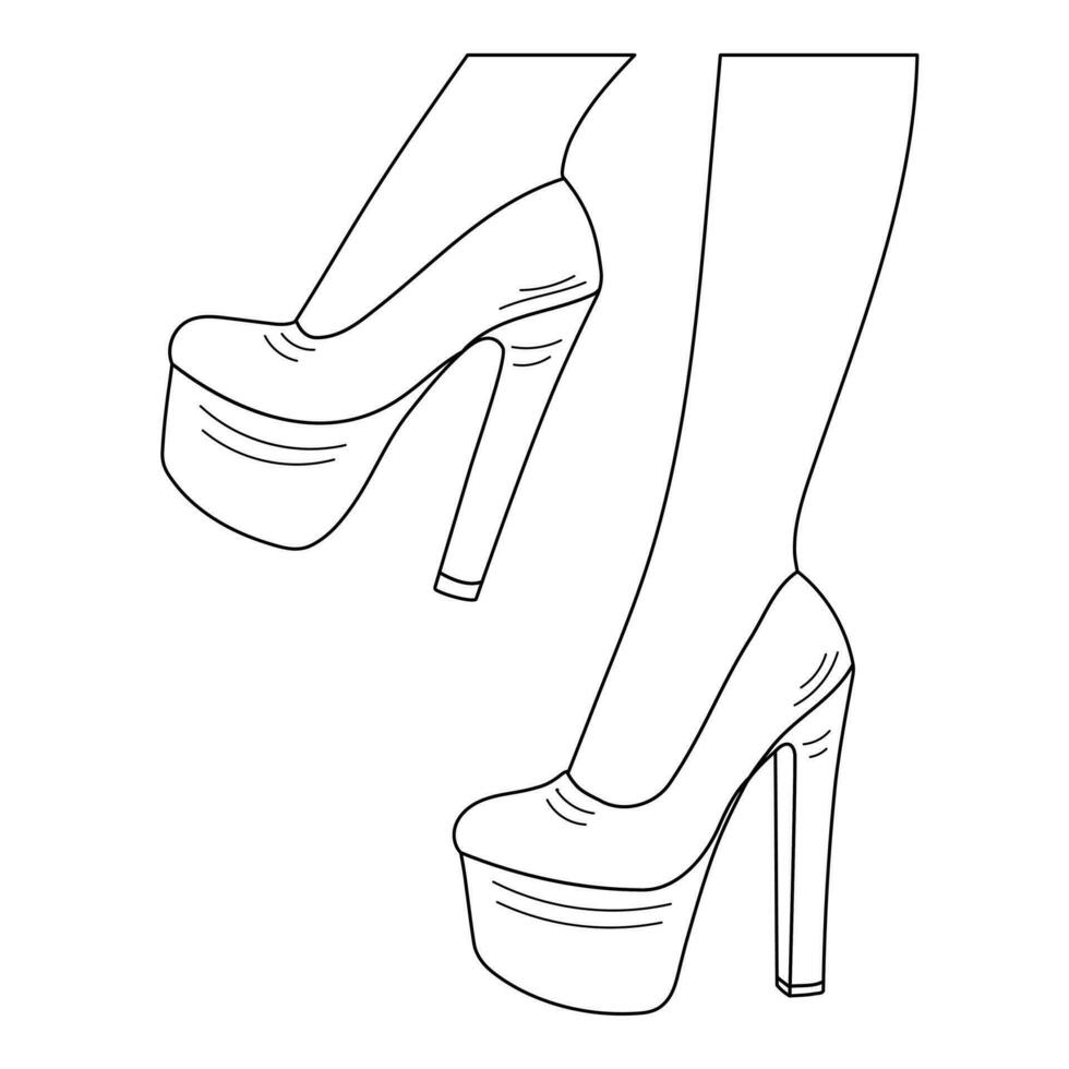 teckning skiss översikt silhuett av kvinna ben i en utgör. skor stiletter, hög hälar vektor