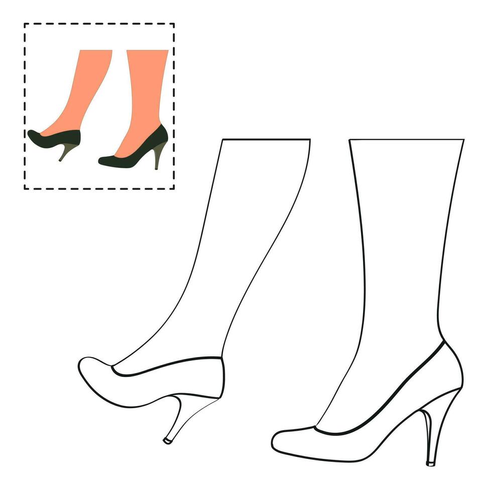 Kinder- Färbung Buch zum Mädchen. weiblich Beine im ein Pose. Schuhe Stilettos, hoch Absätze vektor