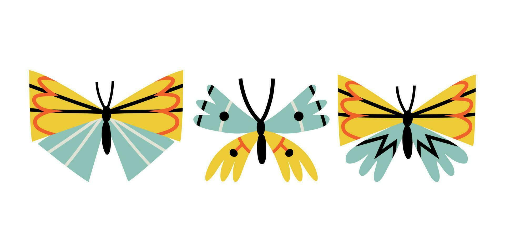 uppsättning av söt minimalistisk fjärilar i trendig platt stil. enkel former vektor illustration.