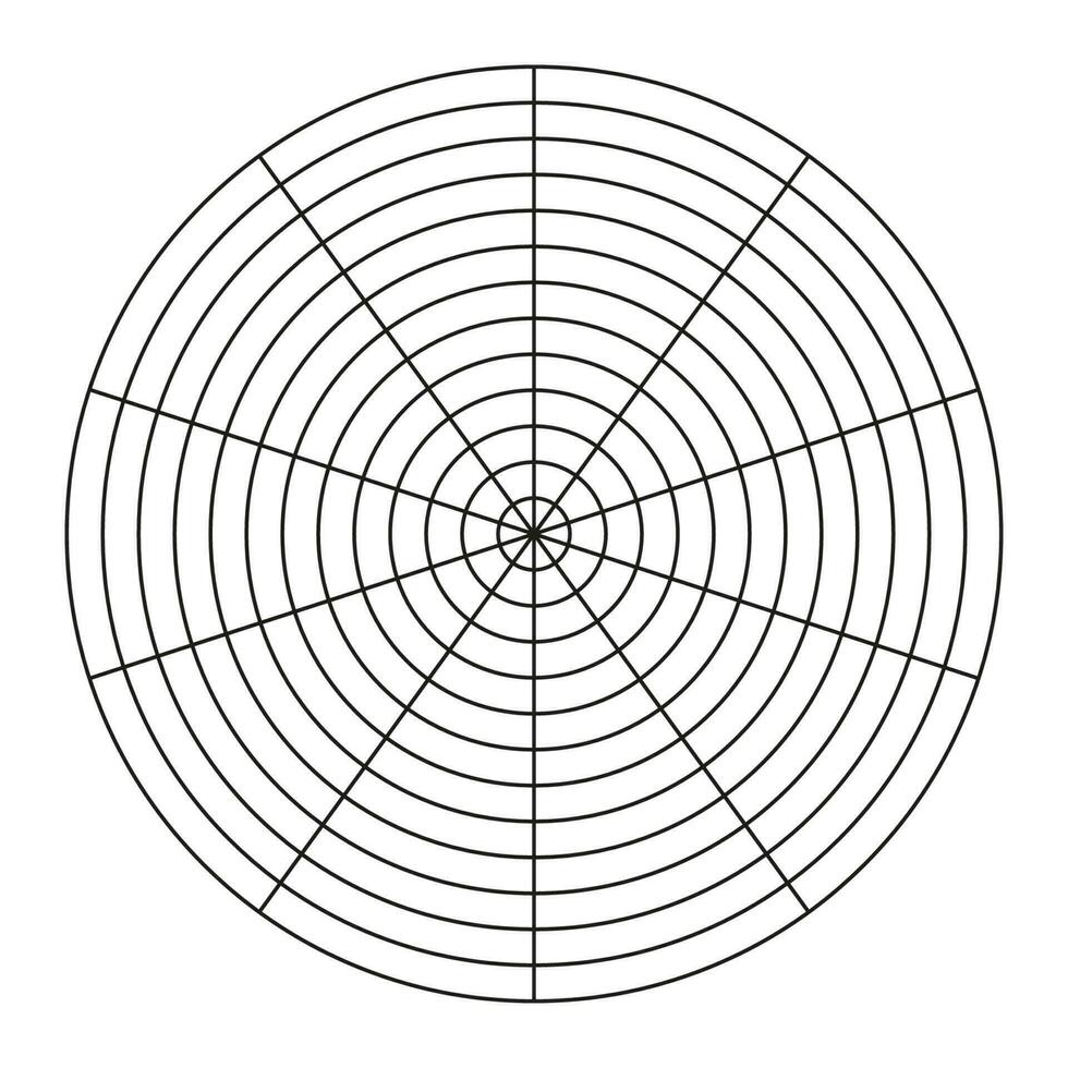 hjul av liv mall. enkel coaching verktyg för visualisera Allt områden av liv. polär rutnät av 10 segment och 12 koncentrisk cirklar. tom polär Graf papper. cirkel diagram av liv stil balans. vektor