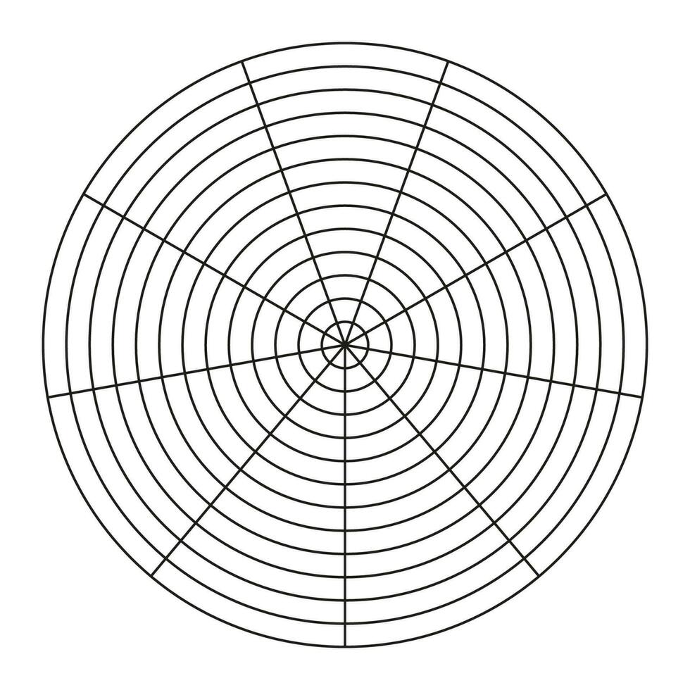 polär rutnät av 9 segment och 12 koncentrisk cirklar. hjul av liv mall. cirkel diagram av livsstil balans. coaching verktyg. vektor tom polär Graf papper.