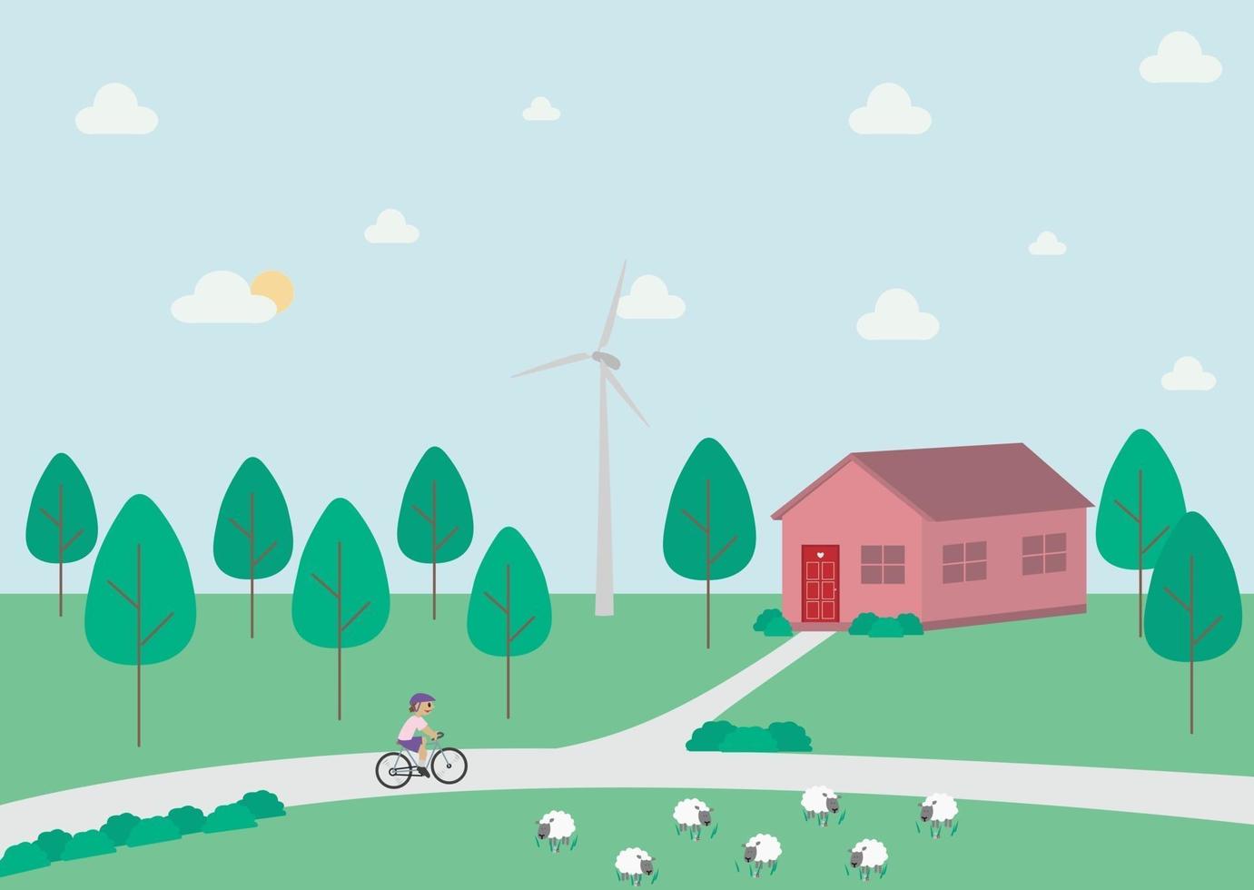 ländliche Landschaft mit einem Hausbäume Radfahrer und Schaf in der Landschaft mit Wald und Windmühle Vektor flache Konzeptillustration