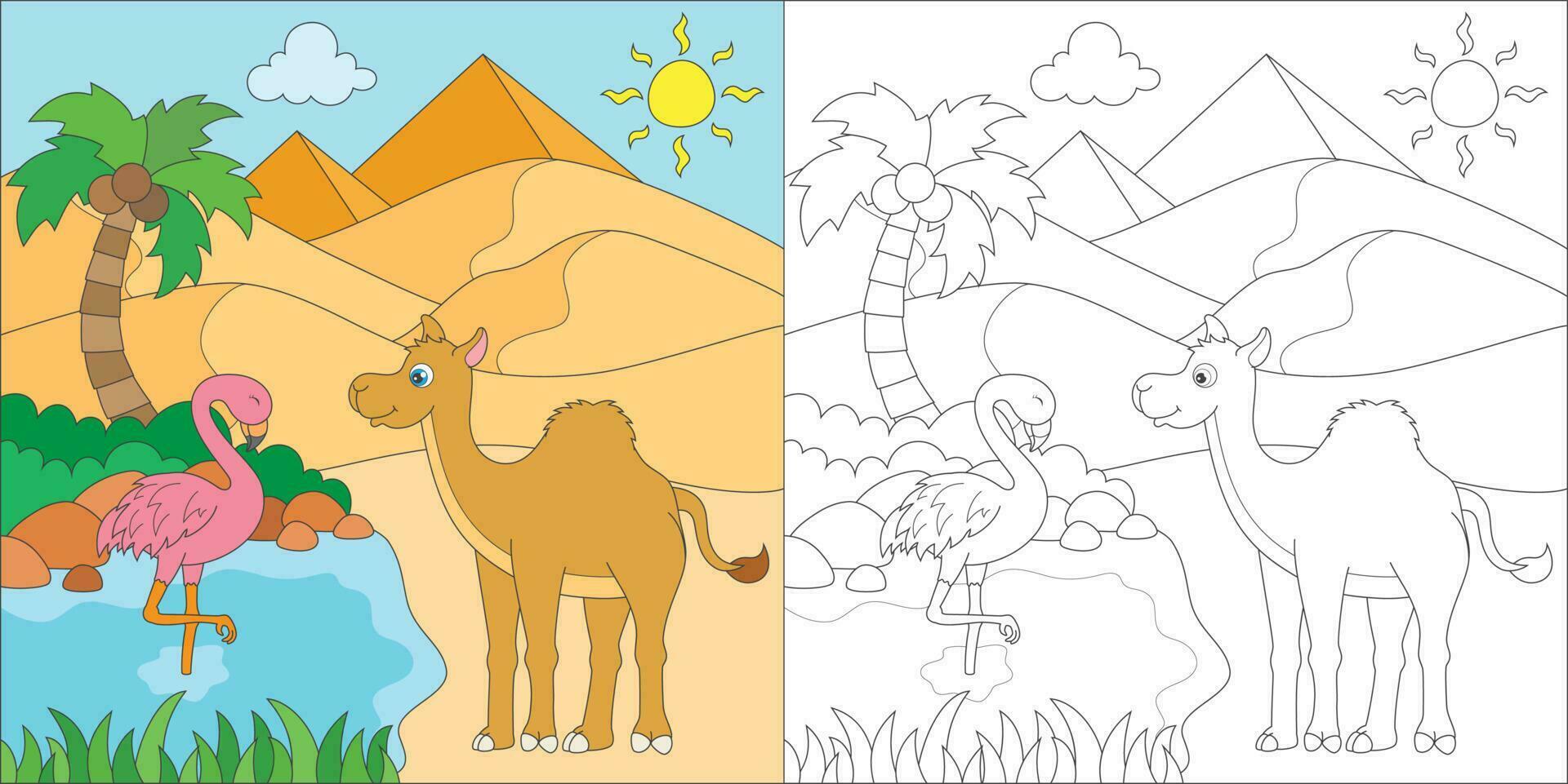 Färbung Kamel und Flamingo vektor