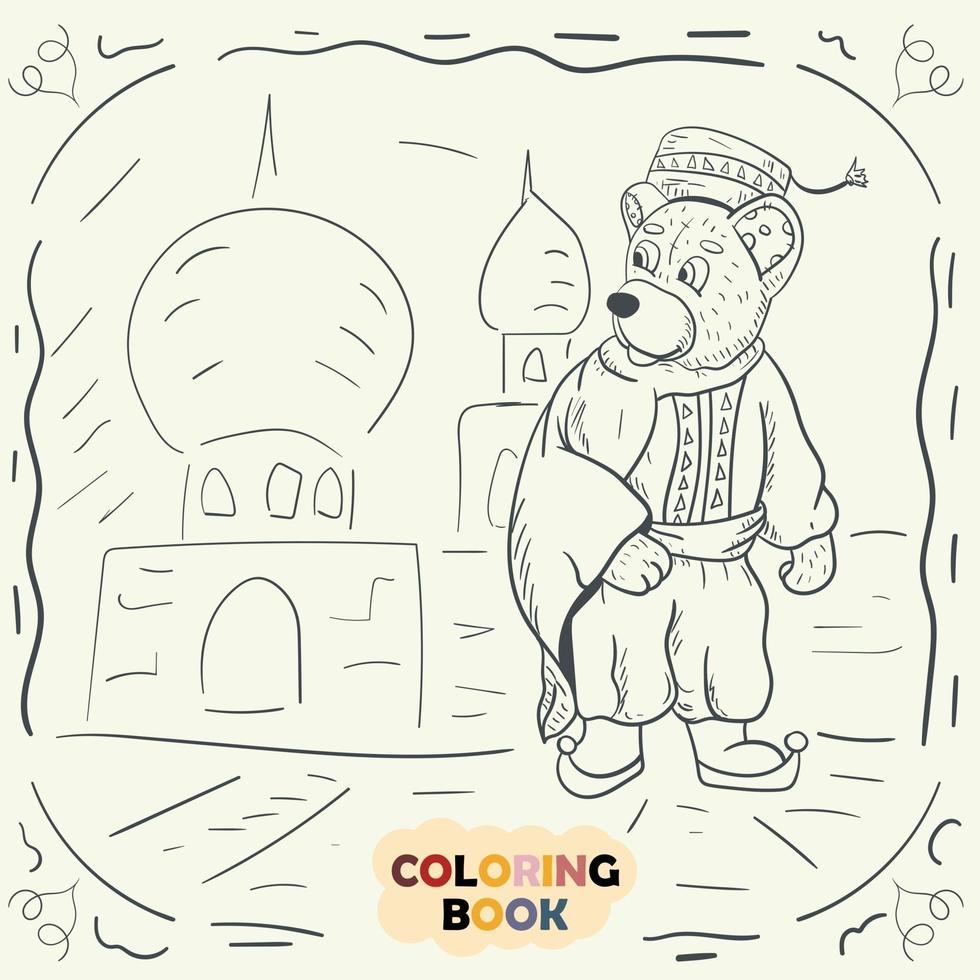målarbok för små barn konturillustration i stil med klotternallebjörn i turkens nationaldräkt vektor