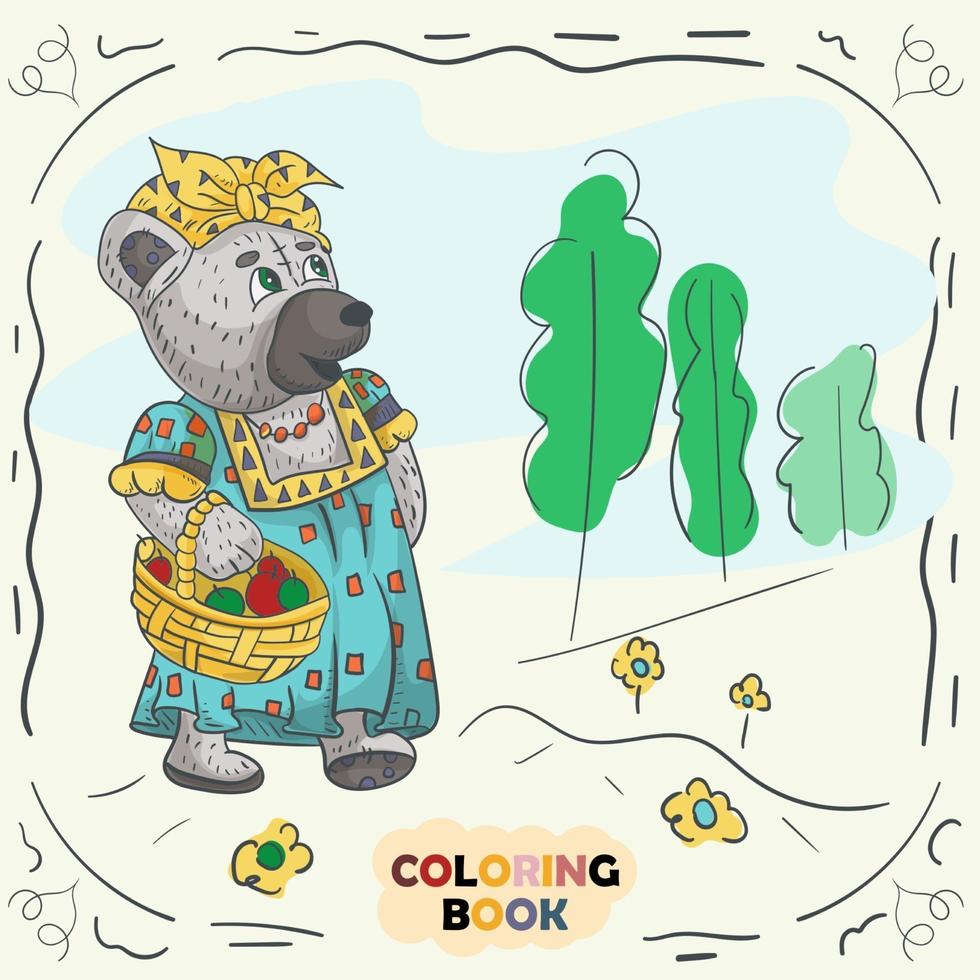 bok färg färg kontur illustration för små barn i stil med doodle nallebjörn flicka i den nationella ryska dräkten vektor
