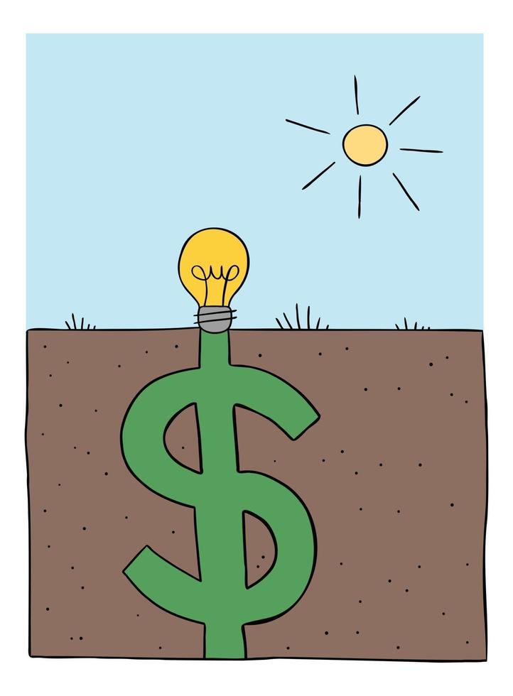 Cartoon-Vektor-Illustration der Glühbirnenidee wird in den Boden gepflanzt und füllt sich als großer Dollar unter dem Boden vektor