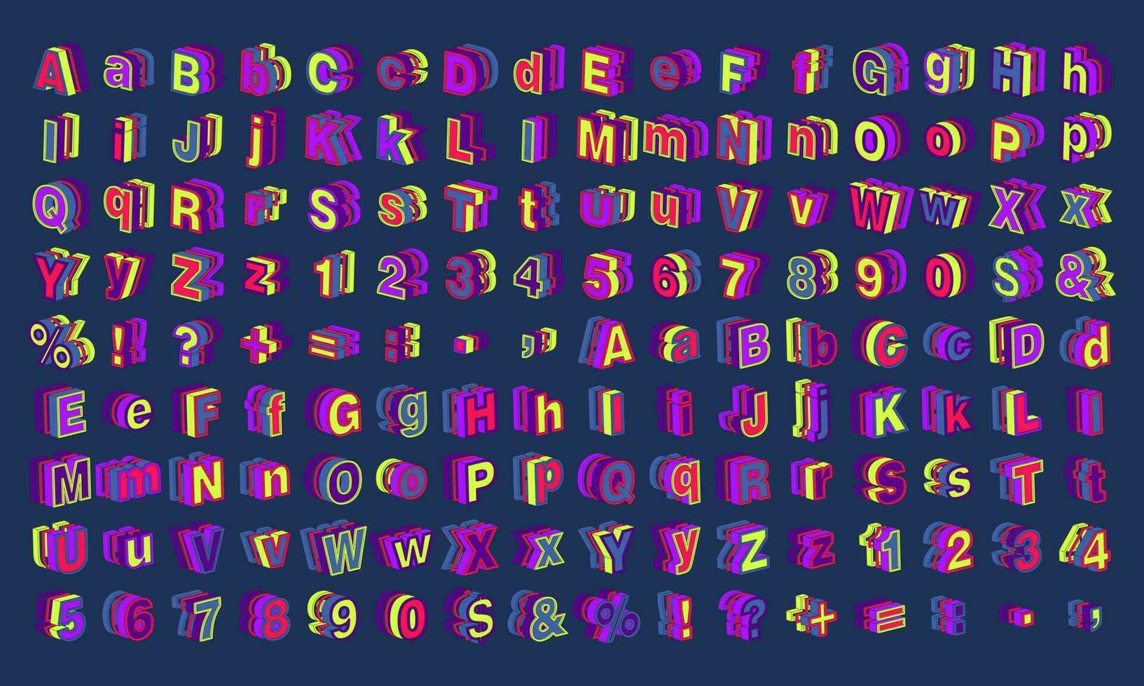 vibrerande samling 3d vektor typografi. terar isolerat brev, tal, och skiljetecken märken, varje design poppar med ljus och levande färger.