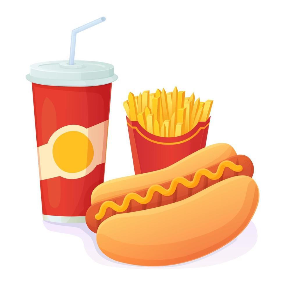 leckere helle Hot Dog mit Soda und Pommes Frites Combo Welt kein Diät-Tag ungesundes Fast-Food-Konzept kann für Web-Menü-Banner verwendet werden vektor