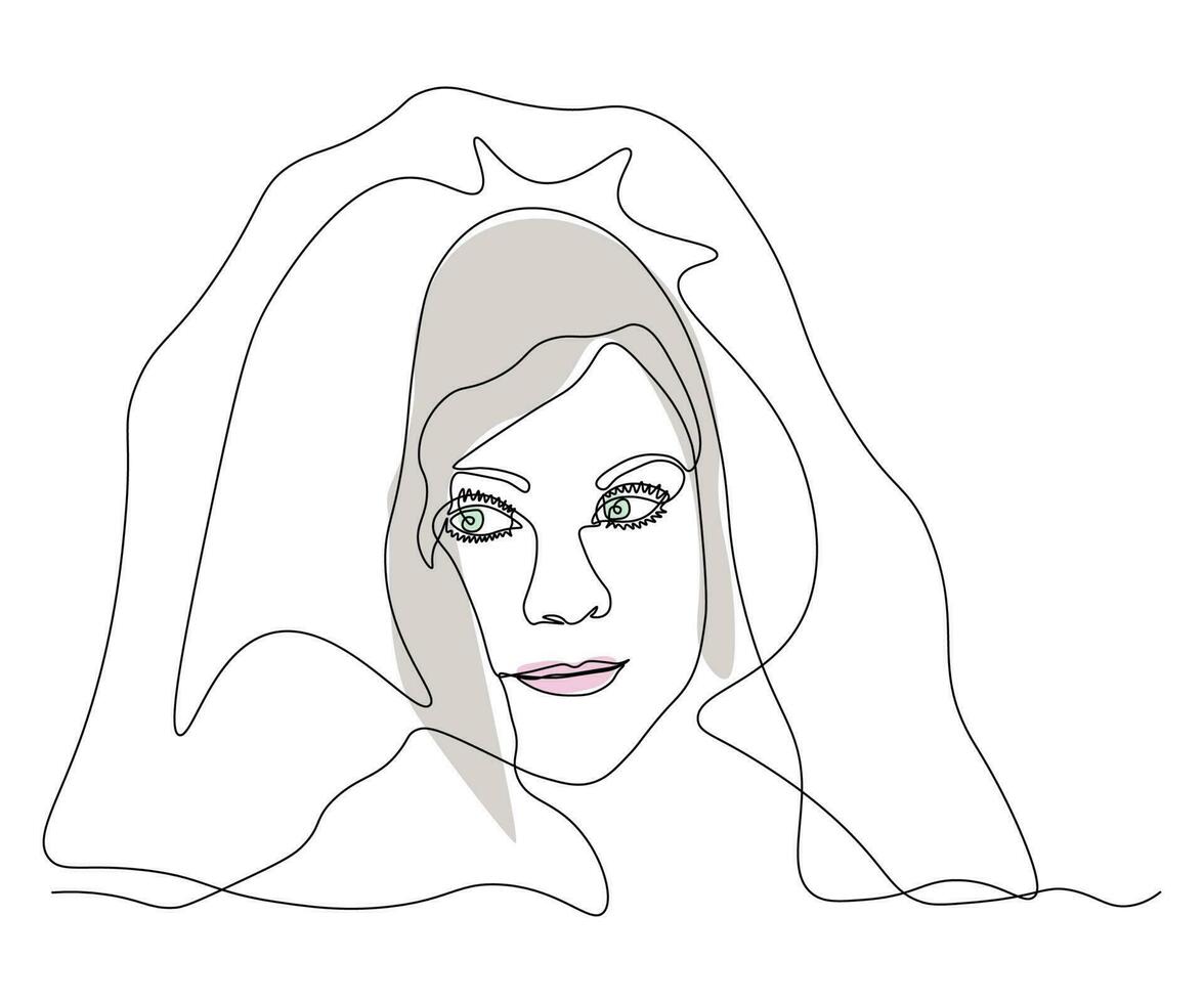 abstrakt Mädchen im ein Schleier, ein Braut beim ein Hochzeit kontinuierlich einer Linie Zeichnung vektor