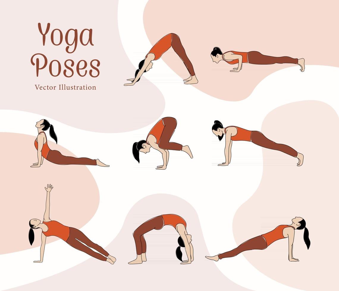 Linienkunststil mit flacher Farbvektorillustration von Yoga-Posen vektor